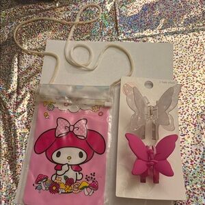 Hello Kitty Pink Pouch and Butterfly Hair Clips